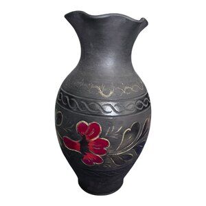 Handcrafted Black Ceramic Vase With Red & Gold Floral Design - 9.5" T Decorative